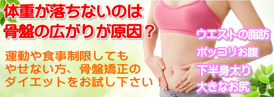 体重が落ちないのは骨盤の広がりが原因?運動や食事制限してもやせない方骨盤矯正ダイエットをお試し下さい! ウエストの脂肪 ポッコリお腹 下半身太り 大きなお尻