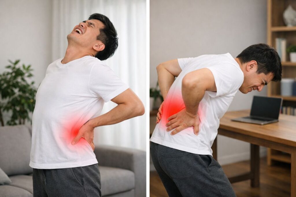 腰を反らすと腰が痛い男性と腰を曲げると腰が痛い男性