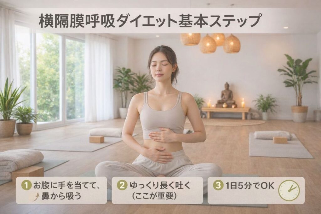 横隔膜呼吸ダイエット基本ステップ
①お腹に手を当てて⤴鼻から吸う
②ゆっくり長く履く(ここが重要)
③1日5分でOK