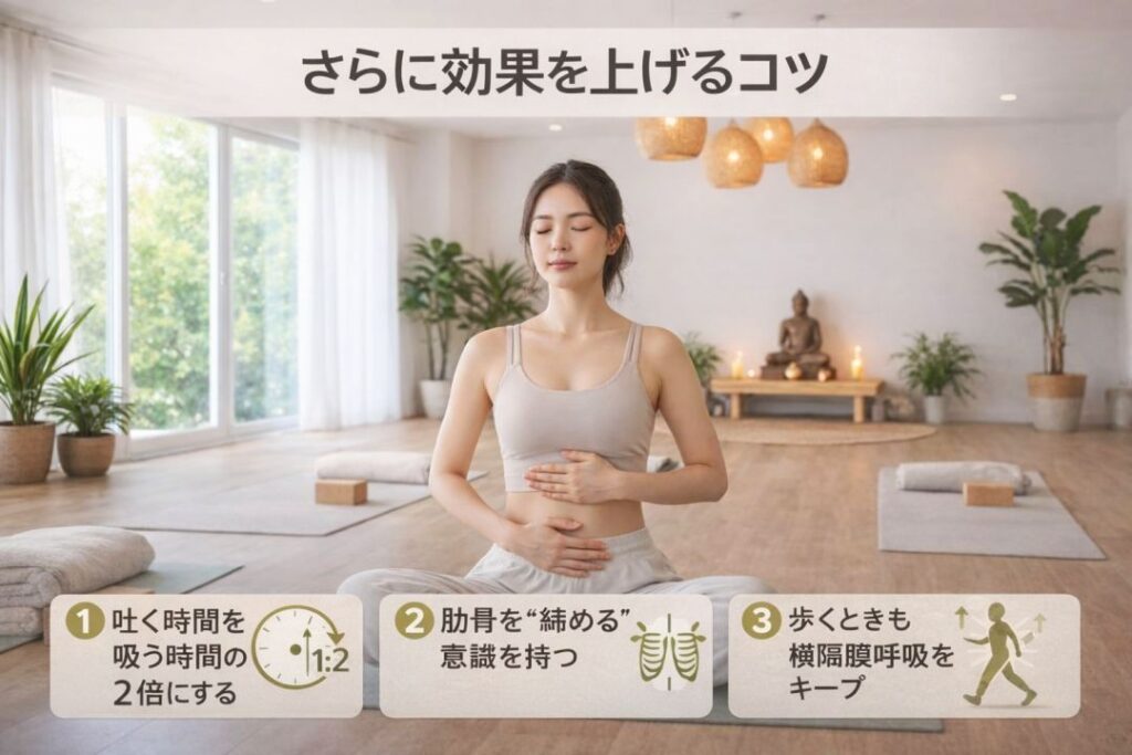 さらに効果を上げるコツ
①吐く時間を数時間の2倍にする
②肋骨を占める意識を持つ
③歩くときも横隔膜呼吸をキープ