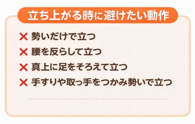 立ち上がる時に避けたい動作・勢いだけで立つ・腰を反らして立つ・真上に足をそろえて立つ・手すりや取っ手をつかみ勢いで立つ