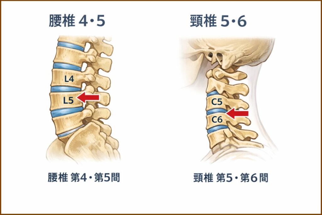 腰椎と頸椎のヘルニアになりやすい箇所、腰椎4.5と頸椎5.6
