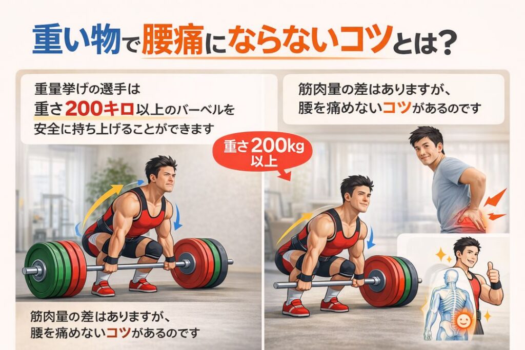 重い物で腰痛にならないコツとは?銃利用上げの選手は重さ200キロ以上のバーベルを安全に持ち上げることができます。筋肉量の差はありますが腰を痛めないコツがあるのです