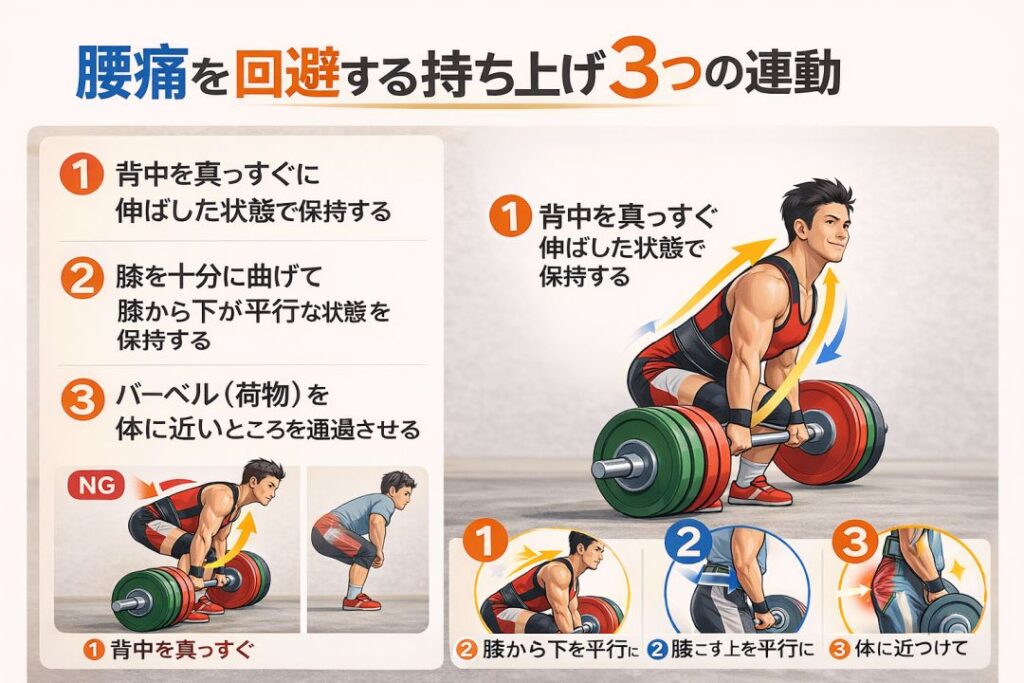 腰痛を回避する持ち上げ3つの連動①背中を真っすぐに伸ばした状態で保持する②膝を十分に曲げて膝から下が平行な状態を保持する③バーベル(荷物)を体に近いところを通過させる背中を真っすぐに伸ばした状態で保持しましょう