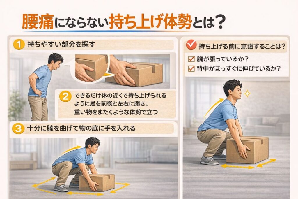 腰痛にならない持ち上げ体勢とは?①持ちやすい部分を探す②できるだけ体の近くで持ち上げられるように足を前後と左右に開き、重い物をまたぐような体勢で立つ③十分に膝を曲げて物の底に手を入れる持ち上げる前に意識することは?①胸が張っているか?②背中がまっすぐに伸びているか?