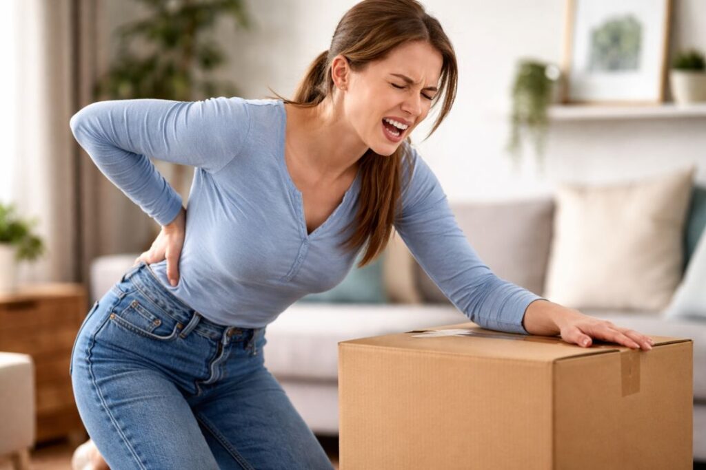荷物をもって腰を痛める女性