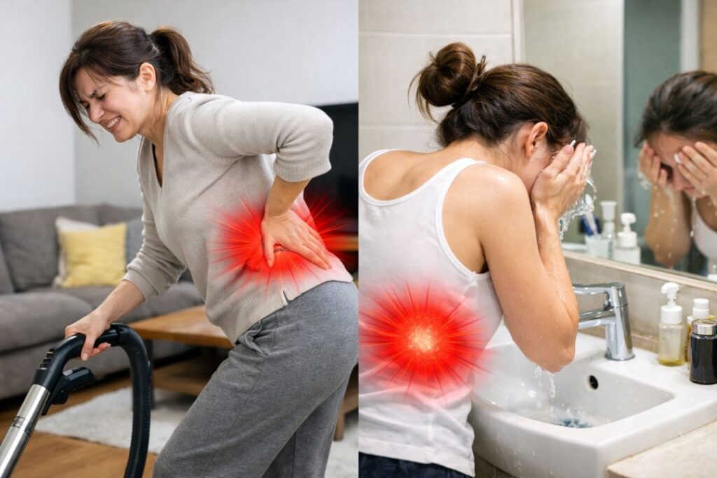 掃除機をかける女性と洗顔する腰痛の女性