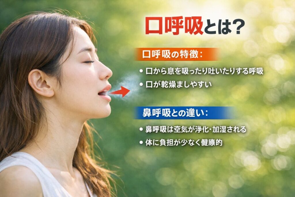 口呼吸とは?
口呼吸の特徴
・口から息を吸ったり吐いたりする呼吸
・口が乾燥しやすい
鼻呼吸との違い
・鼻呼吸は空気が浄化、加湿される
・体に負担が少なく健康的
