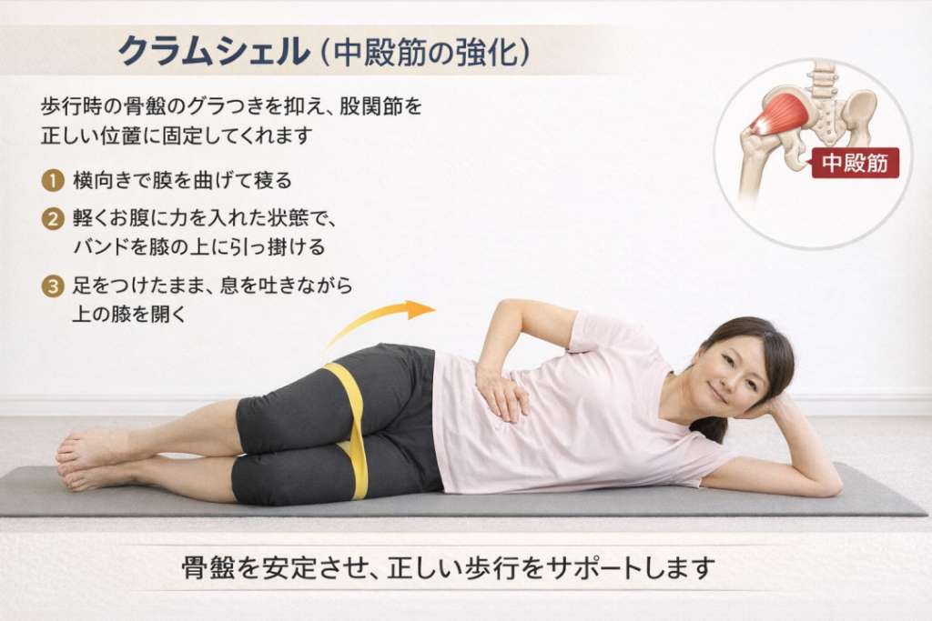 クラムシェル（中殿筋の強化）歩行時の骨盤のぐらつきを抑え股関節を正しい位置に固定してくれます。