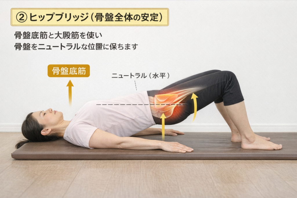 ヒップブリッジ　骨盤底筋と大殿筋を使い骨盤をニュートラルな位置に保ちます