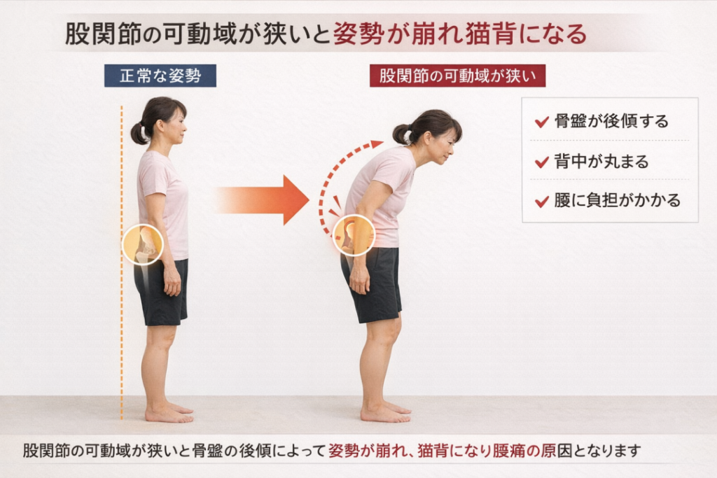 骨盤と股関節の稼働が狭くなると姿勢が崩れ猫背になる