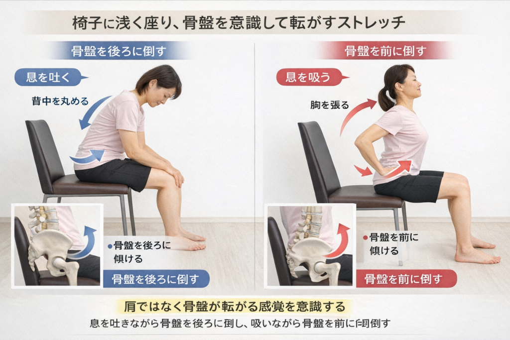 椅子に浅く座り骨盤を意識して転がすストレッチ