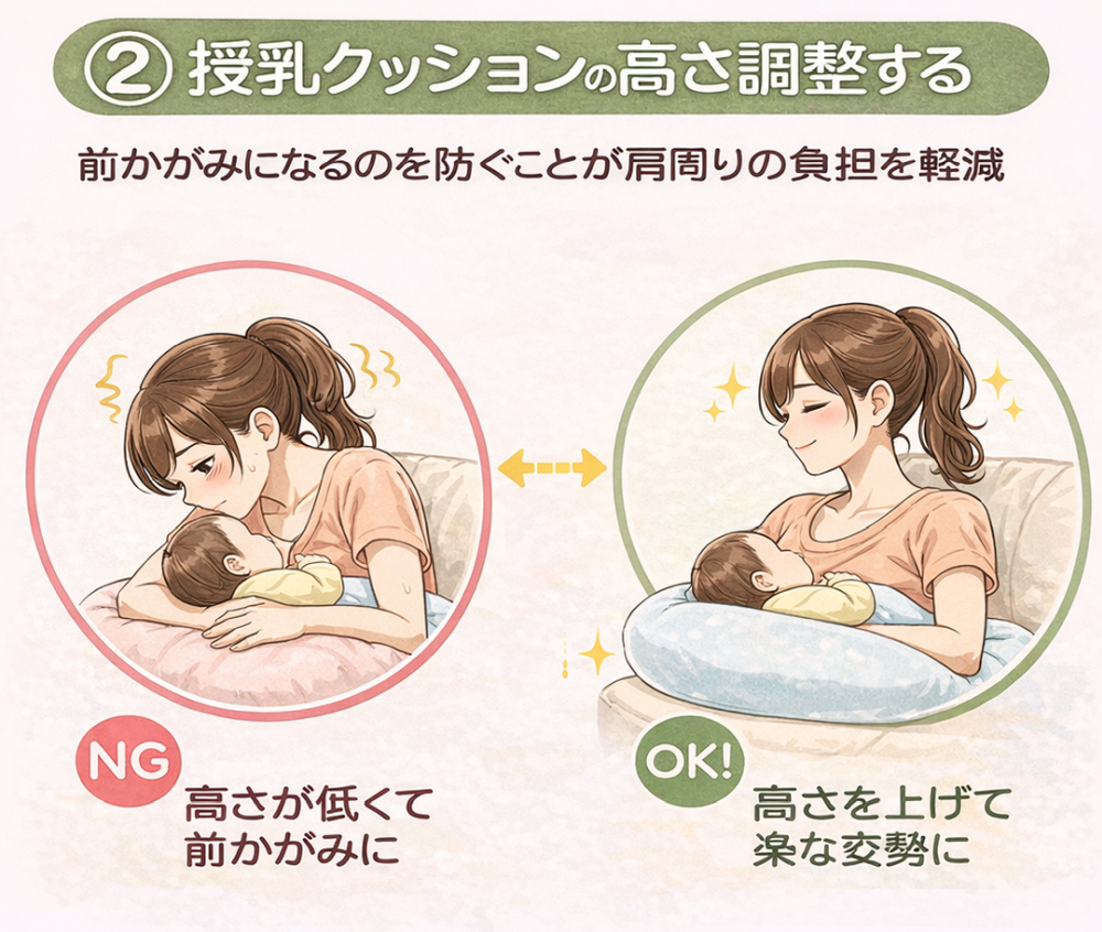 授乳クッションの高さを調節する前かがみになるのを防ぐことが肩回りの負担を軽減NG高さが低くて前かがみにOK！高さを上げて楽な姿勢に
