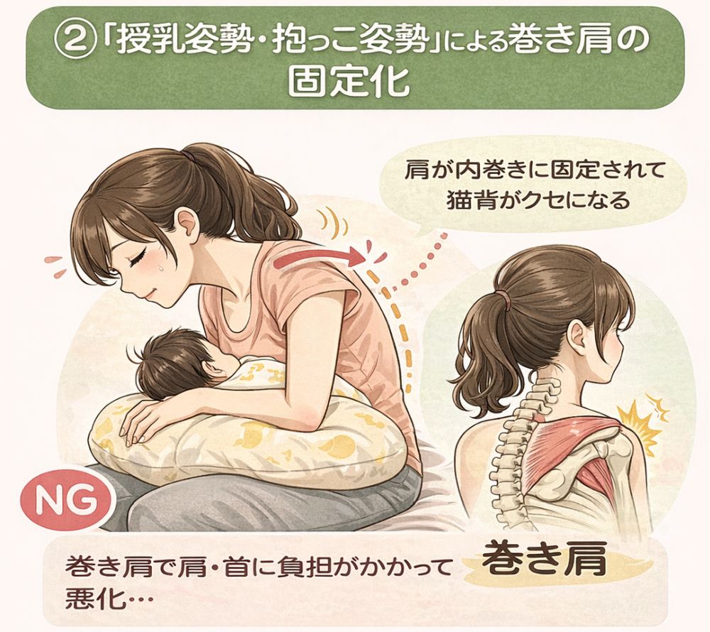 ②授乳姿勢・抱っこによる巻き肩の固定化肩が内牧に固定されて猫背がクセになるNG！巻き肩で肩・首に負担がかかって悪化…