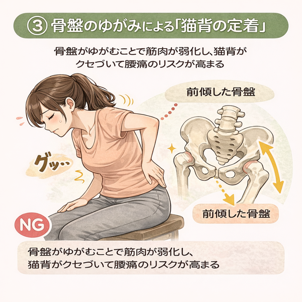 ③骨盤のゆがみによる「猫背の定着」骨盤がゆがむことで筋肉が弱化し、猫背がクセづいて腰痛のリスクが高まる。（前掲した骨盤、後傾した骨盤）NG！骨盤がゆがむことにより筋肉が弱化し腰痛のリスクが高まる