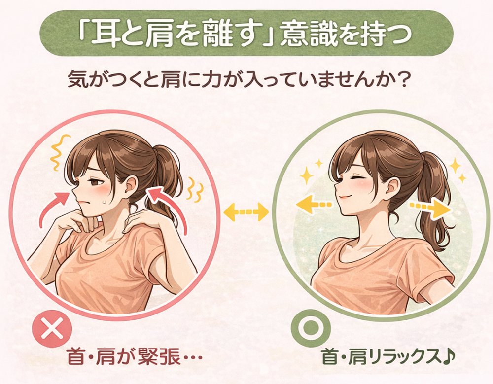 耳と肩を話す意識を持つ気が付くと肩に力が入っていませんか？×首肩が緊張　●首肩リラックス