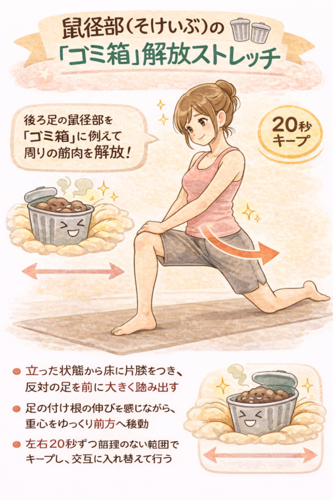 鼠径部(そけいぶ)の「ゴミ箱」解放ストレッチ後ろ足の鼠径部を「ゴミ箱に例えて」周りの筋肉を解放・立った状態で床に膝をつき、反対側の足を前に大きく踏み出す・足の付け根の伸びを感じながら、重心をゆっくり前方へ移動・左右20秒ずつ無理のない範囲でキープし、交互に入れ替えて行う
