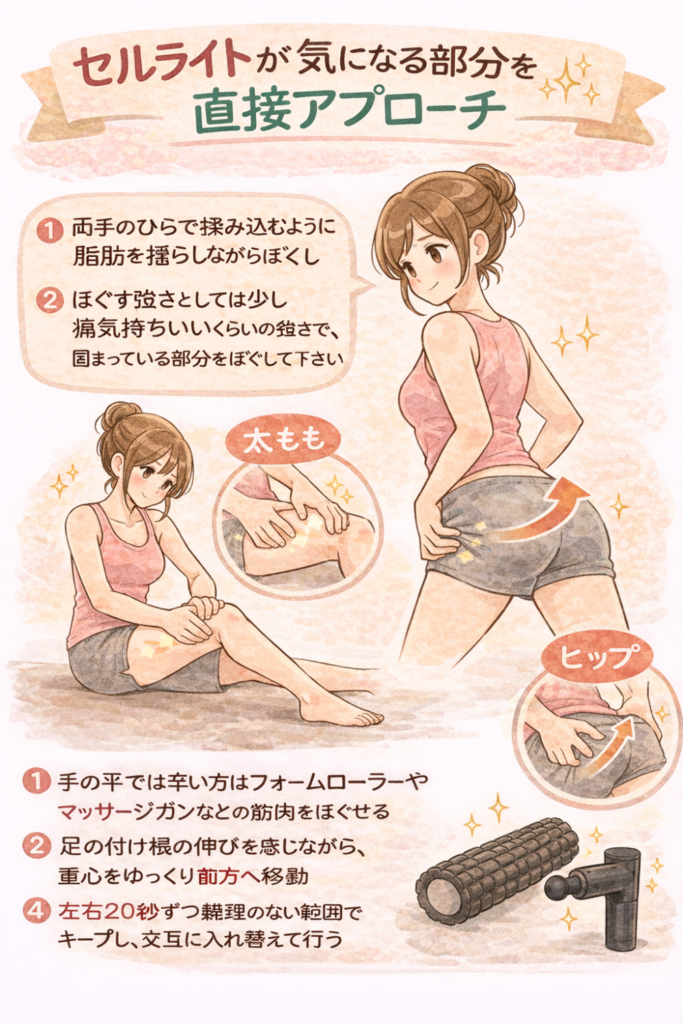 セルライトが気になる部分を直接アプローチ①両掌でも見込むように脂肪を揺らしながらほぐす②ほぐす強さとしては少しいた気持ちいいくらいの強さで、固まっている部分をほぐしてください太ももやヒップ①への平出はつらい方はフォームローラーやマッサージガンなどで筋肉をほぐせる②足の付け根の伸びを感じながら重心を湯つくり前方へ移動③左右20秒ずつ無理のない範囲でキープし、交互に入れ替えて行う