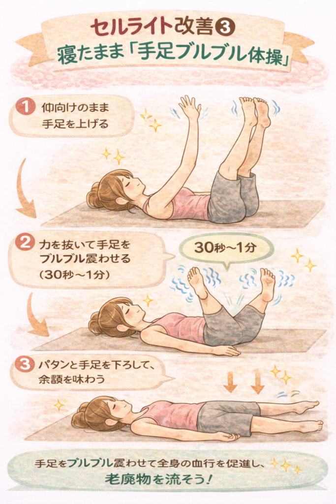 セルライト改善③①仰向けのまま手足を上げる②力を抜いて手足をぶるぶるふるわせる(30秒から1分)③ぱたんと手足をおろして、余韻を味わう手足をプルプルふるわせて全身の血行を促進し、老廃物を流そう!