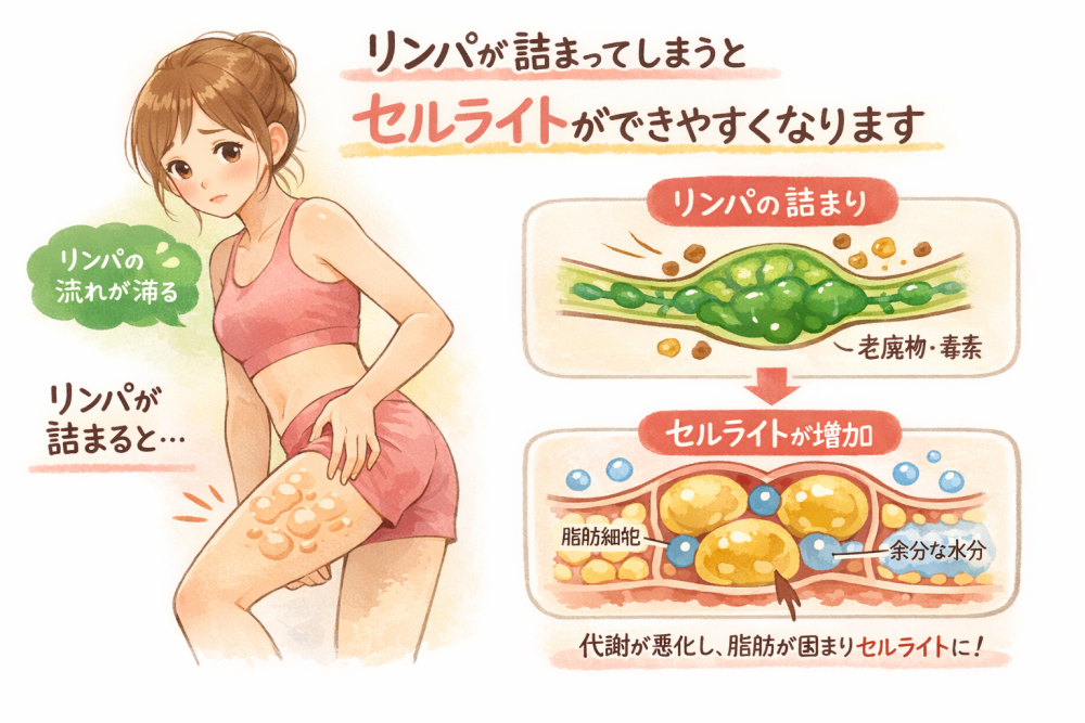 リンパが詰まってしまストセルライトができやすくなりますリンパが詰まるとリンパの流れが滞る林班pつまりはセルライトが増加代謝が悪化し、脂肪が固まりセルライトに
