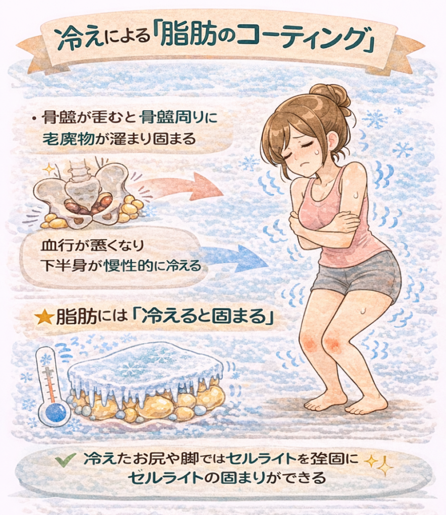 冷えによる「脂肪のコーティング」骨盤が歪むと骨盤周りに老廃物がたまり固まる血行が悪くなり下半身が慢性的に冷える脂肪は「冷えると固まる」冷えたお尻や足では強固なセルライトができる