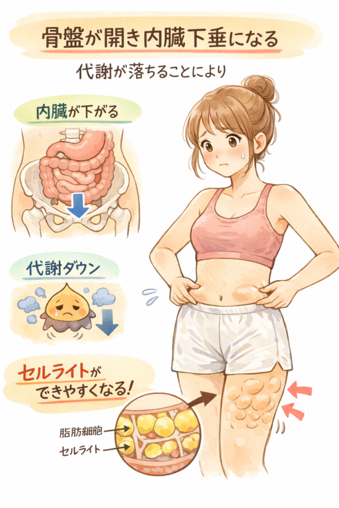 骨盤が開き内臓下垂になる代謝が落ちることにより・内臓が下がる・代謝ダウン・セルライトができやすくなる