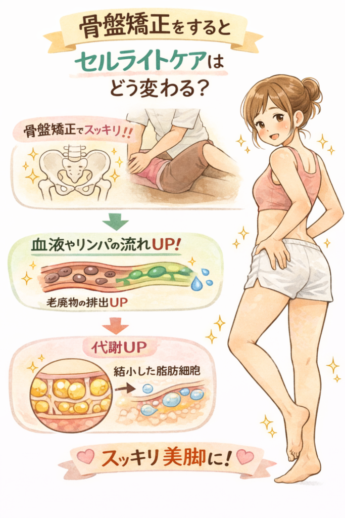 骨盤矯正をするとセルライトはどう変わる?骨盤矯正でスッキリ→血液やリンパの流れUP→代謝アップスッキリ美脚に!