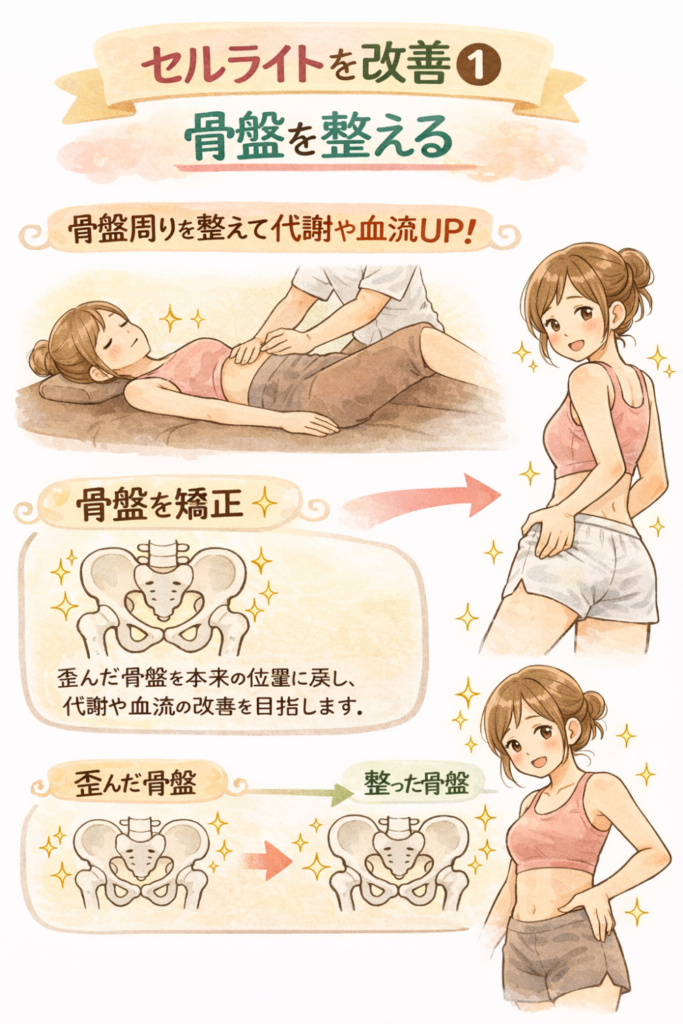セルライト改善①骨盤周りを整える骨盤周りを整えて代謝や血流UP!骨盤を矯正・歪んだ骨盤を本来の位置に戻し、代謝や血流の改善を目指します。歪んだ骨盤→整った骨盤