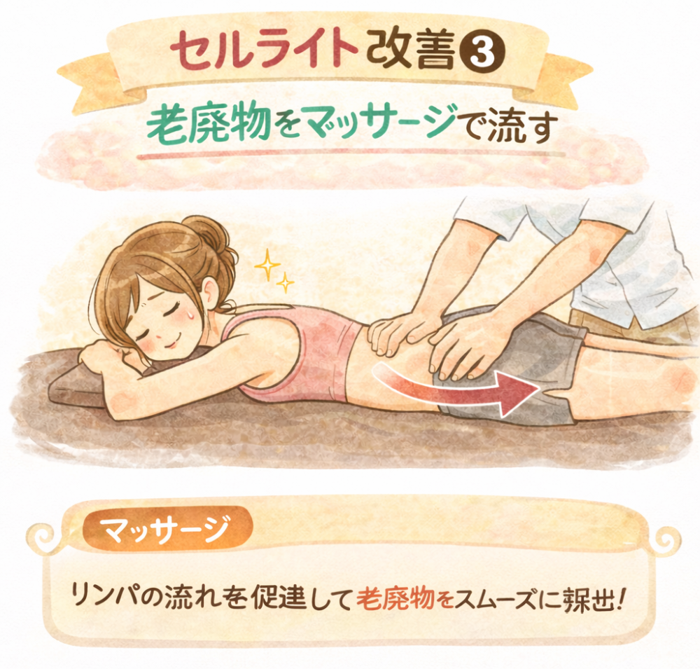セルライト改善③老廃物をマッサージで流すマッサージでリンパの流れを促進して老廃物をスムーズに排出