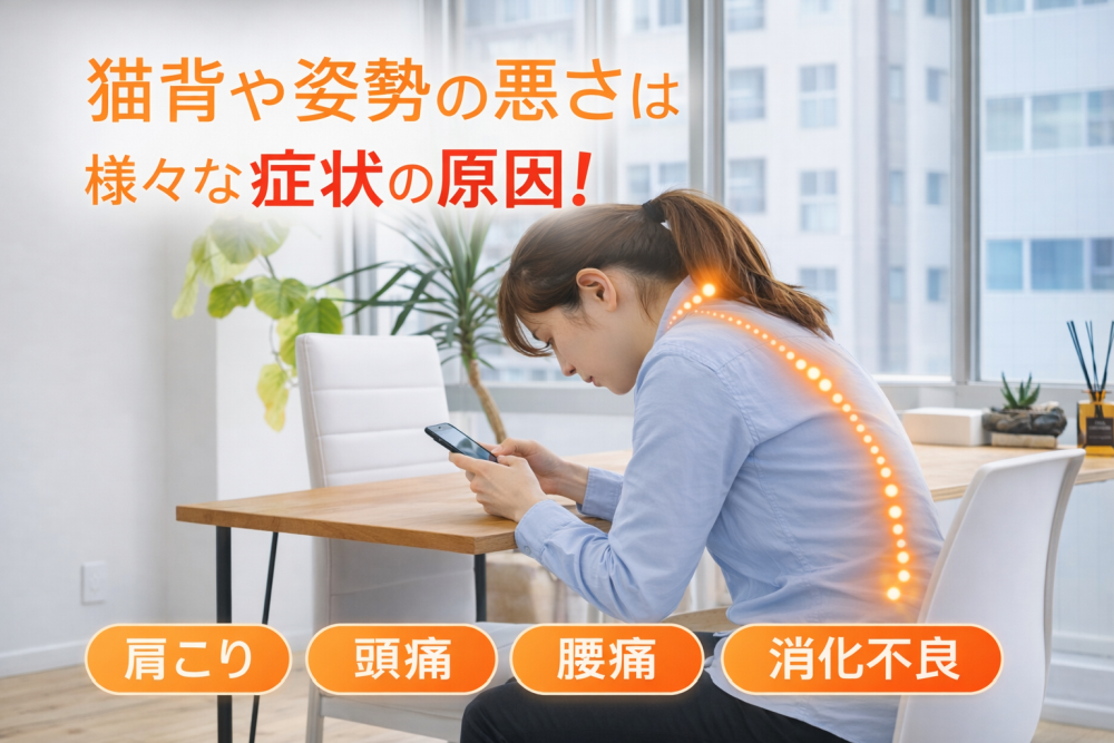 猫背や姿勢の悪さは様々の症状の原因肩こり、頭痛、腰痛、消化不良