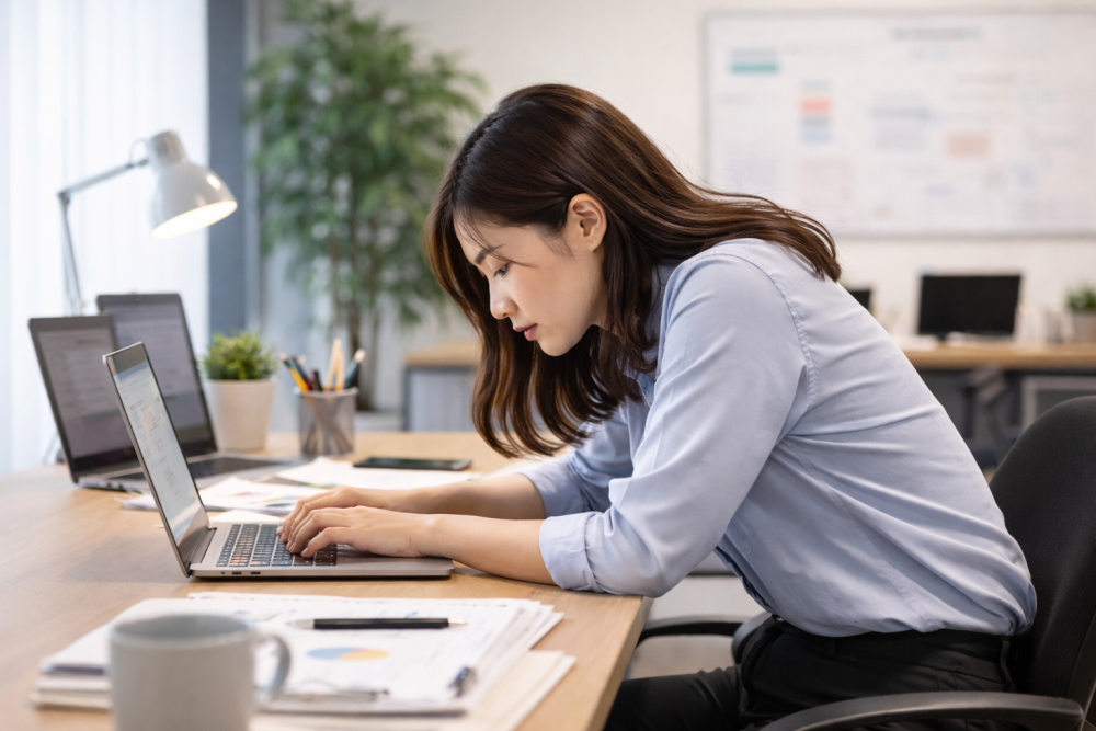 オフィスのデスクワークで猫背の女性
