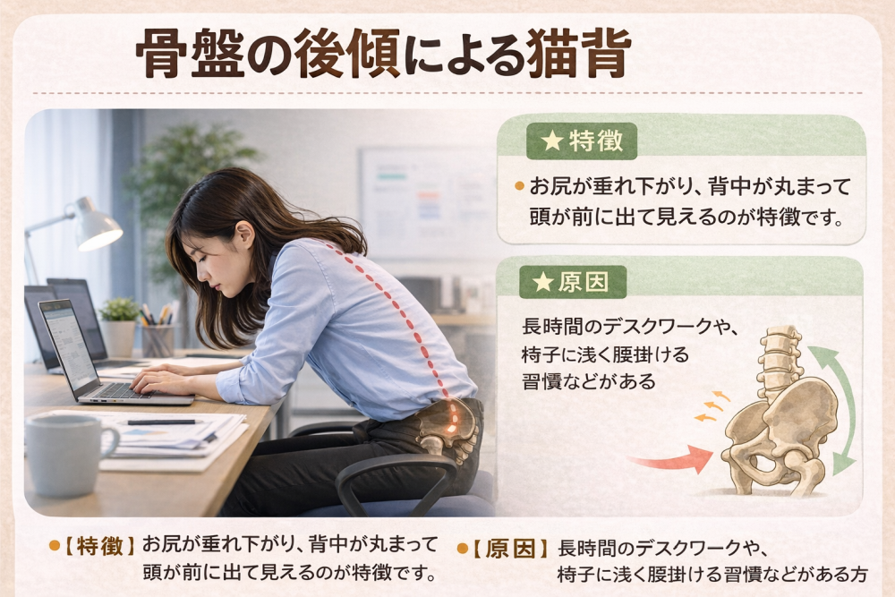 骨盤の後傾による猫背
特徴　お尻が垂れ下がり背中が丸まって頭が前に出ているのが特徴です
原因　長時間のデスクワークや、椅子に浅く腰掛ける習慣などがある