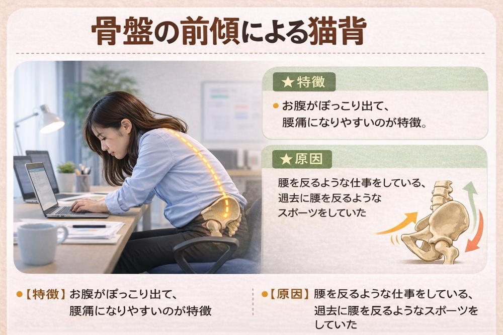 骨盤の前傾（ぜんけい）による猫背
【特徴】お腹がぽっこり出て、腰痛になりやすい方が特徴。

【原因】腰を反るような仕事をしている、過去に腰を反るようなスポーツをされていた