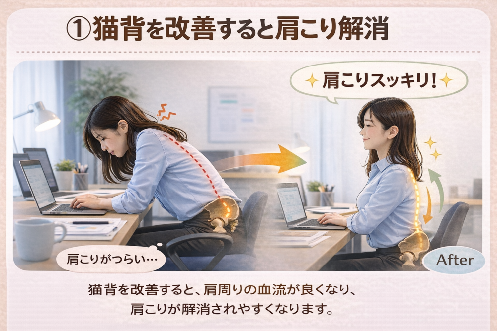 ①首・肩こりの解消
猫背を改善すると、肩回りの血流がよくなり、肩こりが解消されやすくなります。肩こりがつらいのがすっきりします。
