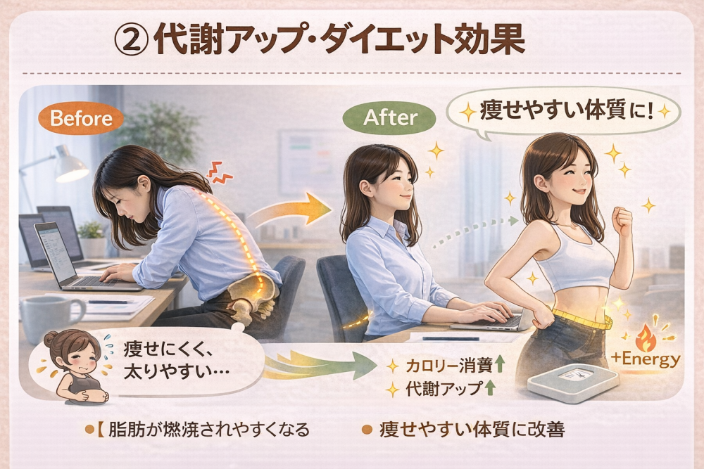 ②代謝アップ・ダイエット効果
猫背だと痩せにくく太りやすい
猫背を改善すると脂肪が燃焼されやすくカロリー消費向上と代謝がUPし痩せやすい体質に
