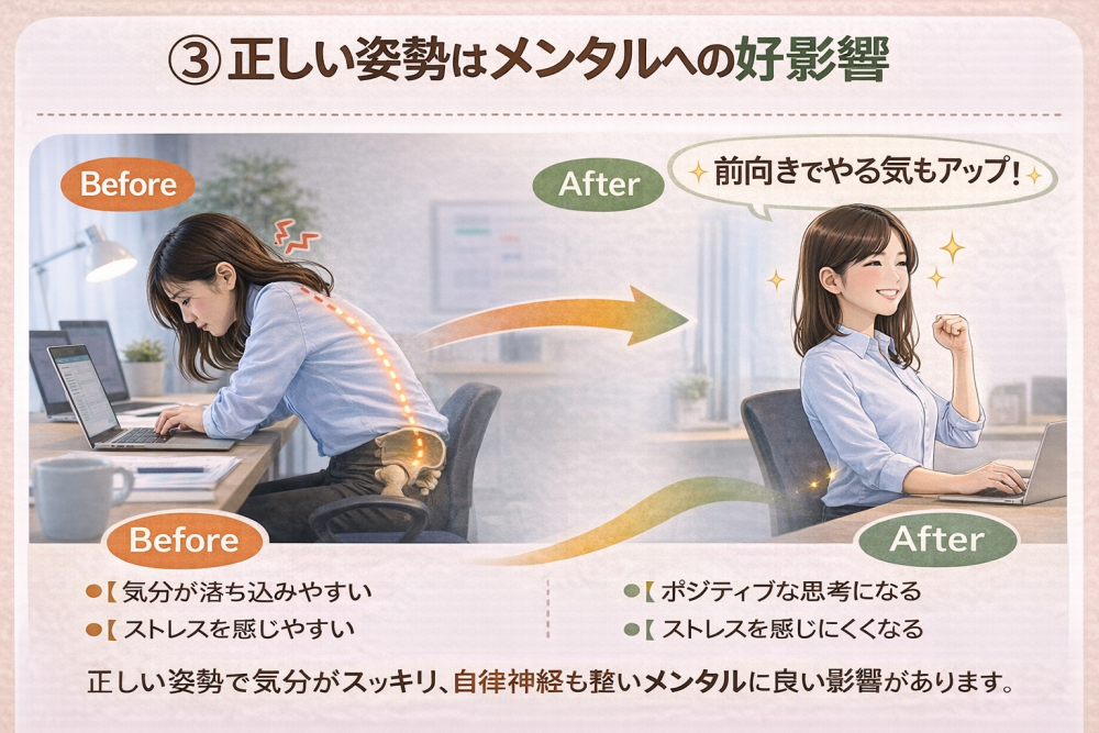③メンタルへの好影響
猫背だと気分が落ち込みやすい、ストレスを感じやすい。
猫背を改善するとポジティブな思考になりストレスを感じにくくなる。
正しい姿勢で気分がスッキリ、自律神経も整い良い影響があり、前向きでやる気もアップ