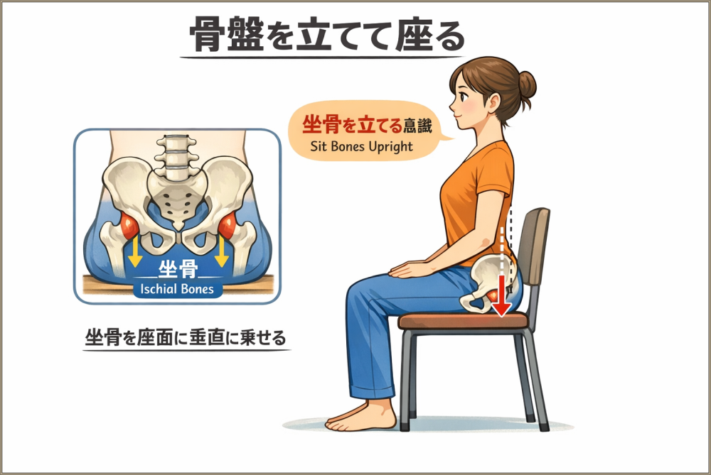 骨盤を立てて座る
坐骨で座る意識
子コツを座間面に垂直に乗せる