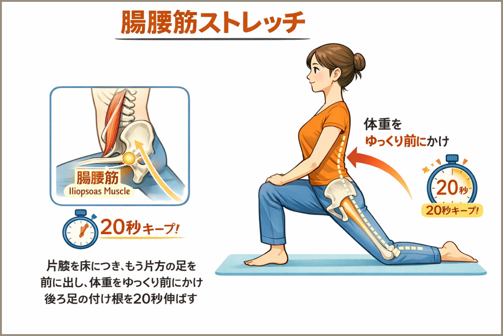 ②腸腰筋ストレッチ
片膝を床につき、もう片方の足を前に出し、体重をゆっくり前にかけ後ろ脚の付け根を20秒伸ばす。