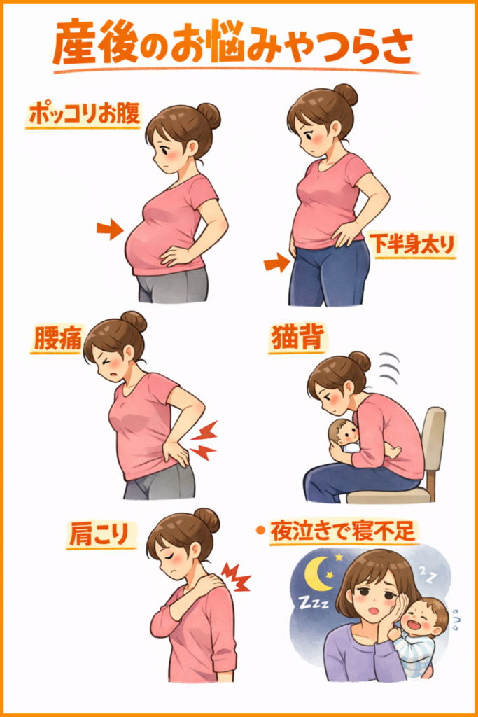 産後のお悩みやつらさ・ポッコリお腹・下半身太り・腰痛・猫背・肩こり・夜泣きで寝不足