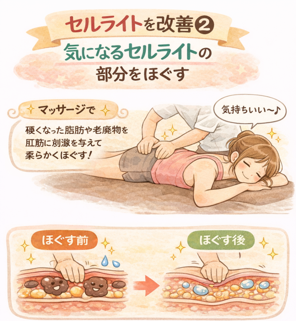 セルライト改善②気になるセルライトをほぐすマッサージで硬くなった脂肪や老廃物を刺激を与えて柔らかくほぐすほぐす前→ほぐした後