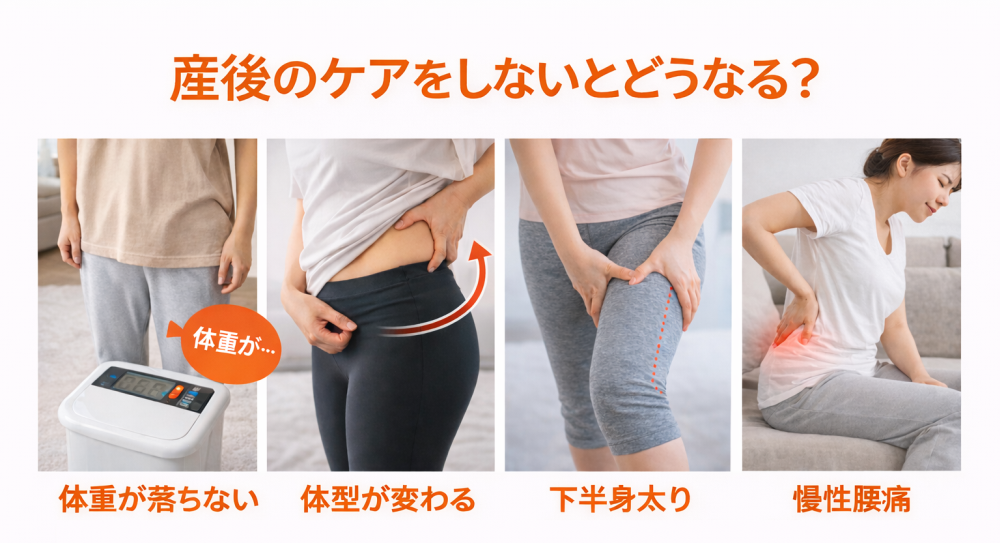産後のケアをしないとどうなる?・体重が落ちない・体型が変わる・下半身太り・慢性腰痛