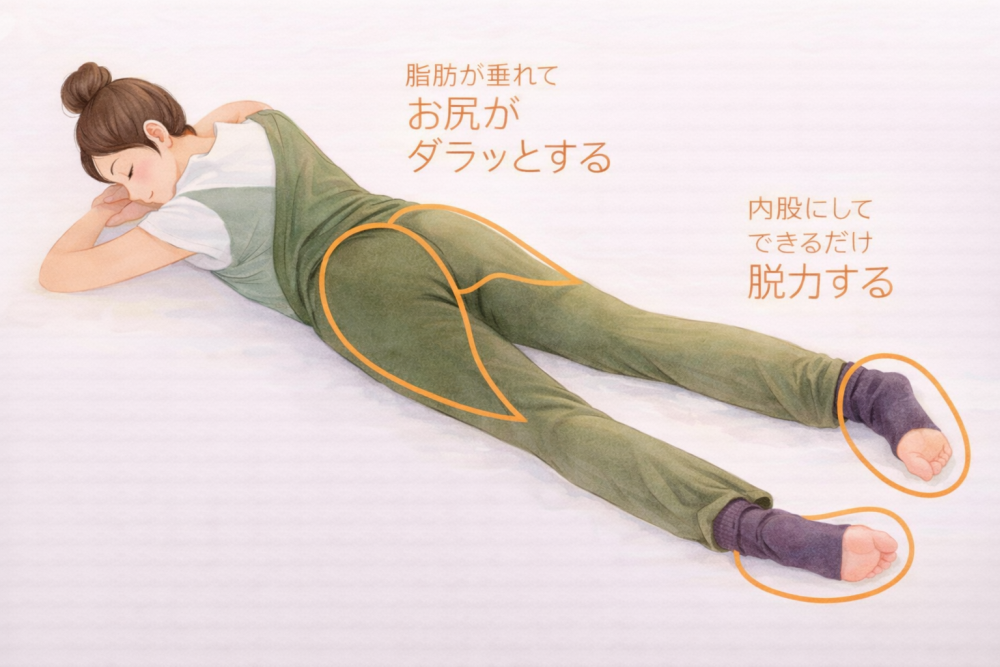 お尻の力を抜きお尻をだらっとさせましょう詩は内股にしできるだけ脱力する