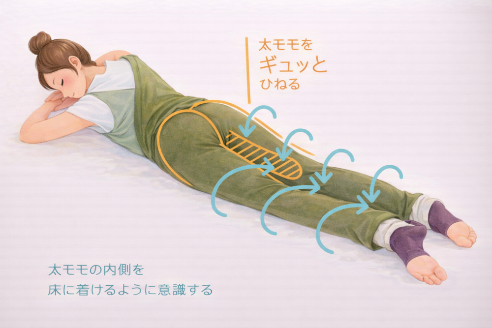 太ももをキュッとひねる太ももの内側を床につけるように意識する