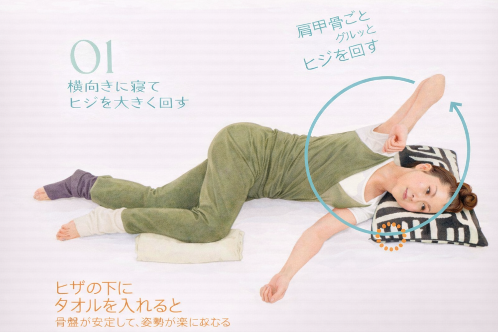 ①横向きに寝てヒジを大きく回す・膝の下にタオルを入れると骨盤が安定して、姿勢が楽になる・肩甲骨ごとグルっとヒジを回す