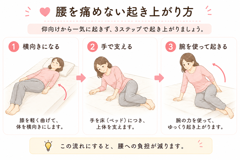 ★腰を痛めない お買い上がり方
仰向けから一気に起きず『3ステップ』で起き上がりましょう
①横向きになる
・膝を軽く曲げて体を横向きにします
②手で支える
・手を床ベッドに付け上体を支えます
③腕を使って起きる
・腕の力を使って、ゆっくり 起き上がります
※この流れにすると腰への負担が減ります