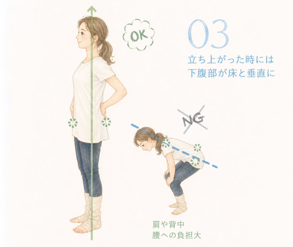 ③立ち上がった時には下腹部が床と垂直がOK
上半身が斜めになっていると肩や背中 腰への負担が大きくなるのでNG