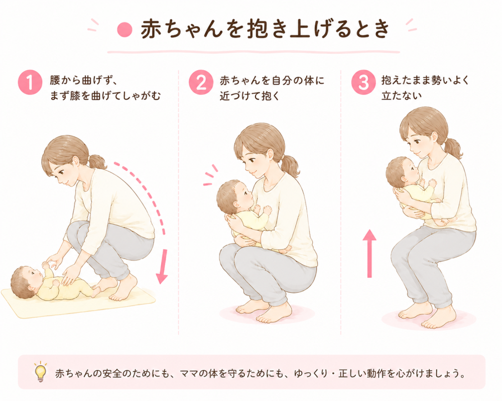 ★ 赤ちゃんを抱き上げるとき
①腰から曲げずまず膝を曲げてしゃがむ
②赤ちゃんを自分の体に近づけて抱く
③抱えたまま勢いよく立たない
※赤ちゃんの安全のためにも、ママの体を守るためにも、ゆっくり正しい 動作を心がけましょう。