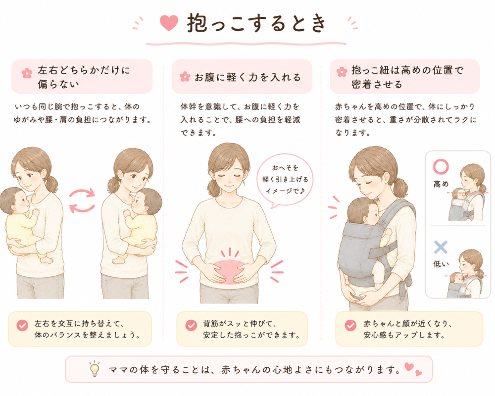 ★抱っこするとき
●左右どちらかだけに偏らない
いつも同じ腕で抱っこすると、体の歪みや腰、肩の負担につながります
・左右を交互に持ち替えて体のバランスを整えましょう
●お腹に軽く力を入れる
体幹を意識して、お腹に軽 腰への負担を軽減できます。
※おへそを軽く引き上げる イメージ
・背筋がスッと伸びて、安定した抱っこができます。
●抱っこ紐は高めの位置で
赤ちゃんを高めの位置で、体にしっかり密着させると重さが分散されて楽になります。
・高めは〇
・低いのは×
※赤ちゃんと顔が近くなり、安心感もアップします。
ママの体を守ることは、赤ちゃんの心地よさ にもつながります。