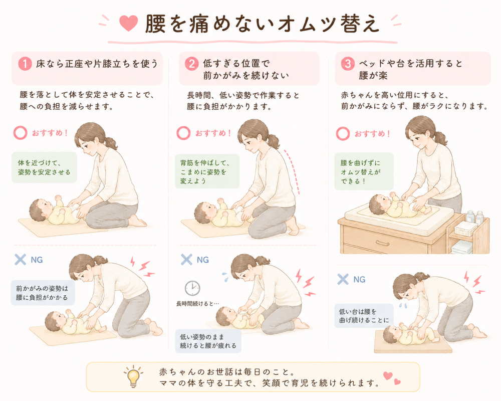★腰を痛めないオムツ替え
●床なら正座や片膝立ちを使う
・腰を落として体を安定させることで、腰への負担を減らせます
■おすすめ動作
体を近づけて姿勢を安定させる
■NG動作
前かがみの姿勢は腰に負担がかかる
②引くすぎる位置で前かがみを続けない
長時間低い姿勢で低い姿勢で作業すると腰に負担がかかります。
■おすすめ動作
背筋を伸ばして、こまめに姿勢を変えましょう
■NG動作
低い姿勢のまま続けると腰が疲れる
③ベットや台を活用すると腰が楽
赤ちゃんを高い位置にすると、前かがみにならず腰が楽になります。
■おすすめ動作
腰を曲げずにオムツ替えができる!
■NG動作
低い台は腰を曲げ続けることに
※赤ちゃんのお世話は毎日のこと。ママの体を守る工夫で笑顔で育児を続けられます。
