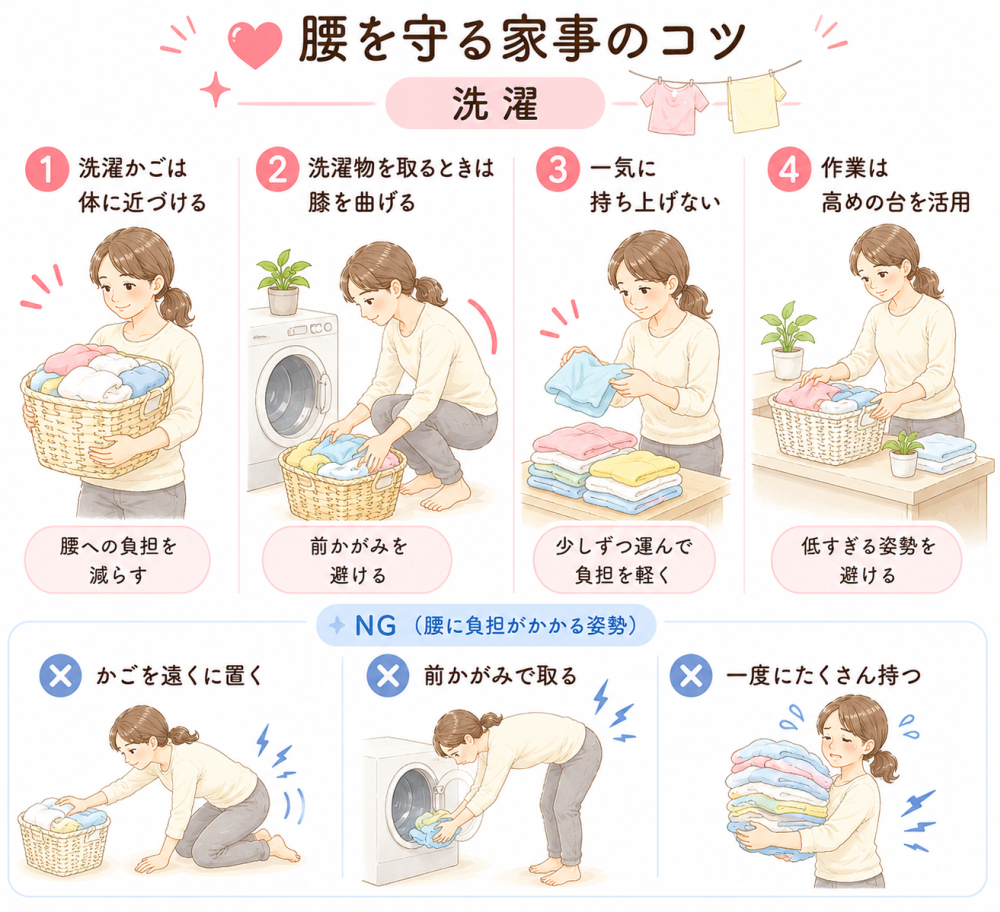 ★腰を痛めない洗濯のコツ
①洗濯かごは体に近づける
・腰への負担を減らす
②洗濯物を取る時は膝を曲げる
・ 前かがみを避ける
③ 一気に持ち上げない
・ 少しずつ運んで負担を軽く
④作業は高めの台を活用
・ 低すぎる 姿勢を避ける
●NG[行動
・かごを遠くに置く
・前かがみで取る
・一度にたくさん持つ